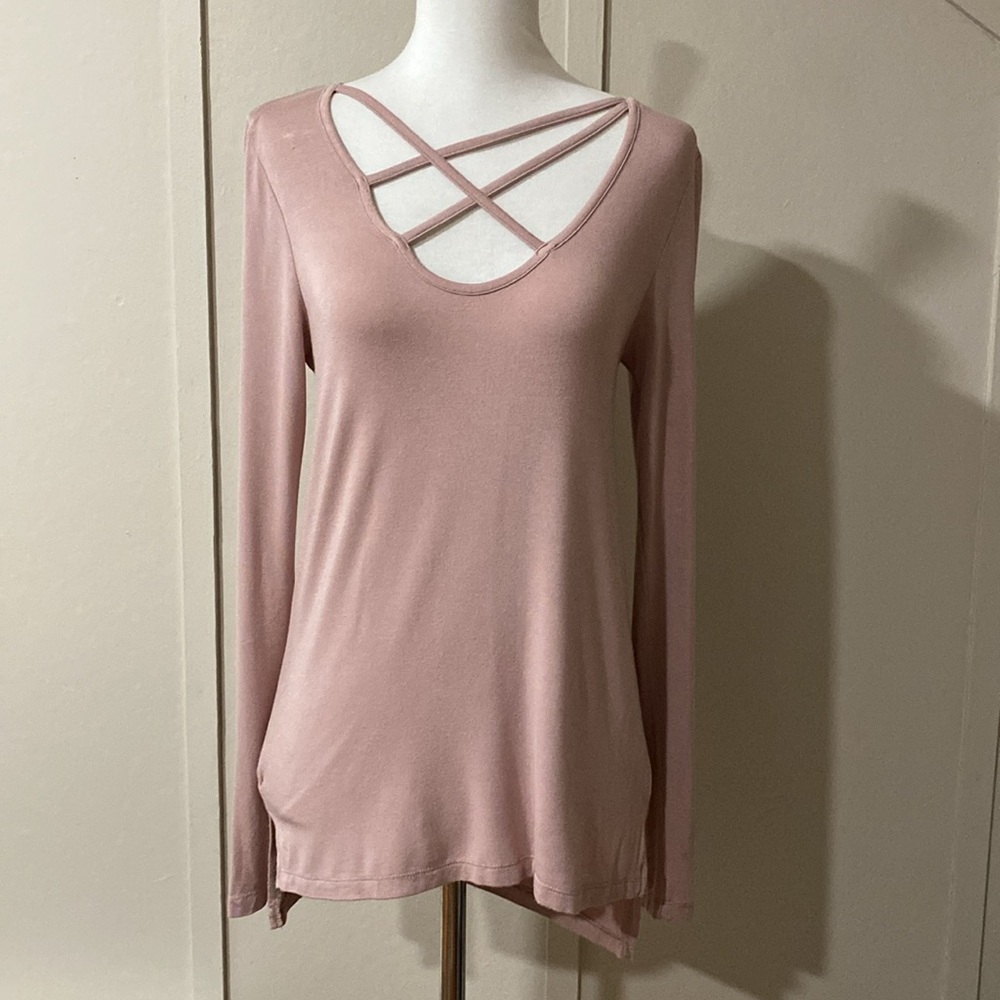 Dusty Rose Long Sleeve Top w/ Asymmetrical Straps, Size XS